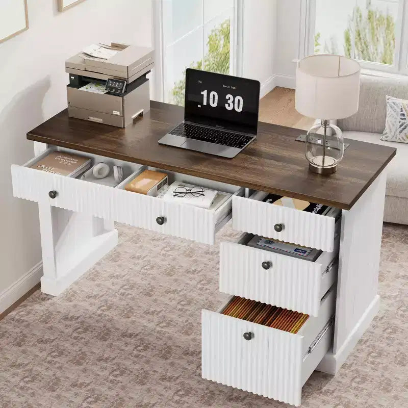 Fluted Home Office Desk Storage, 54 Modern Executive Desk with Charging Station, Wooden Computer Writing Desk with File Drawers for Study Room