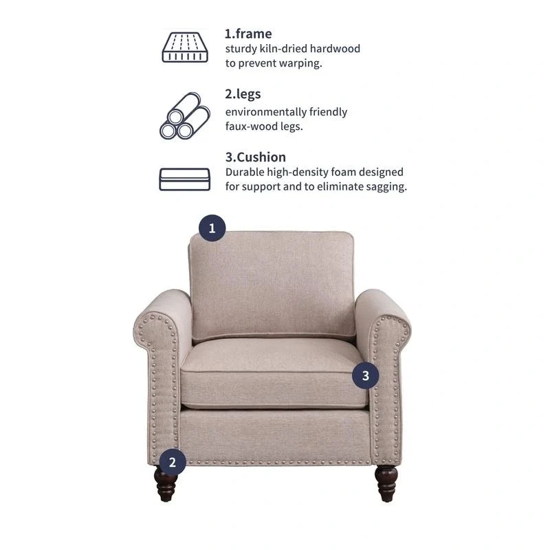 Modern Linen Sectional Single Sofa with Solid Wood Frame & Pocket Coils