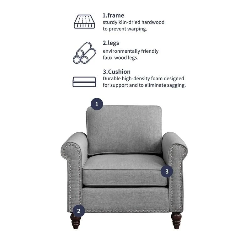 Modern Linen Sectional Single Sofa with Solid Wood Frame & Pocket Coils