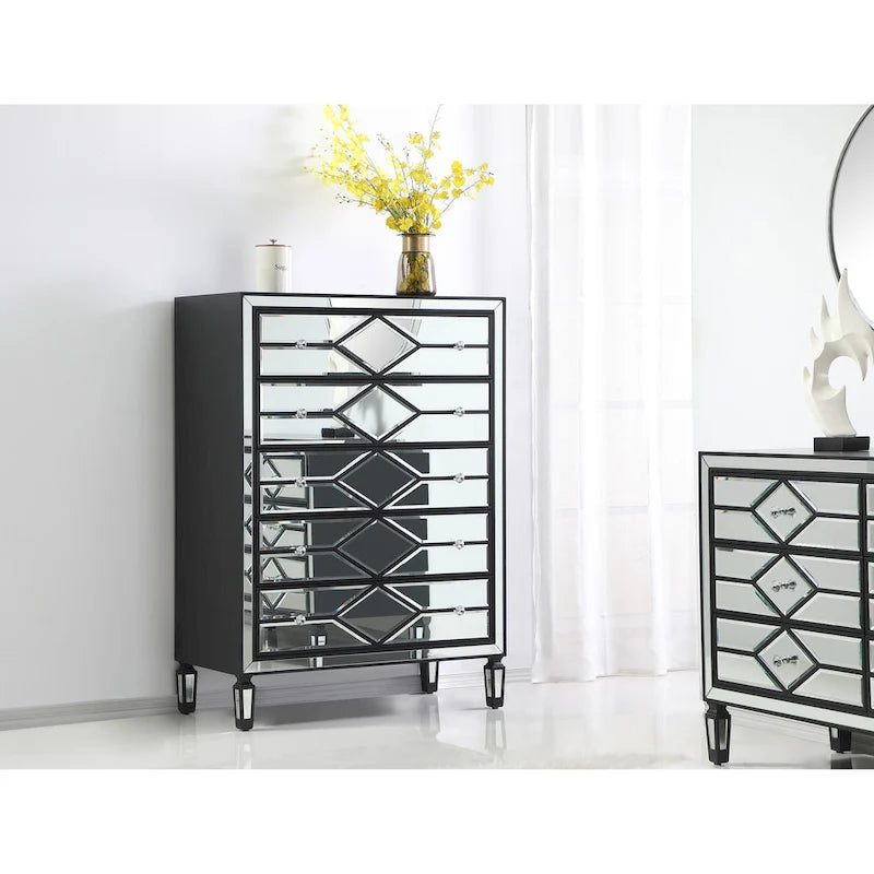5-Drawer Chest – Antique White / Silver, Beveled Mirror Panels, Crystal Knobs, Hand-Painted Finish