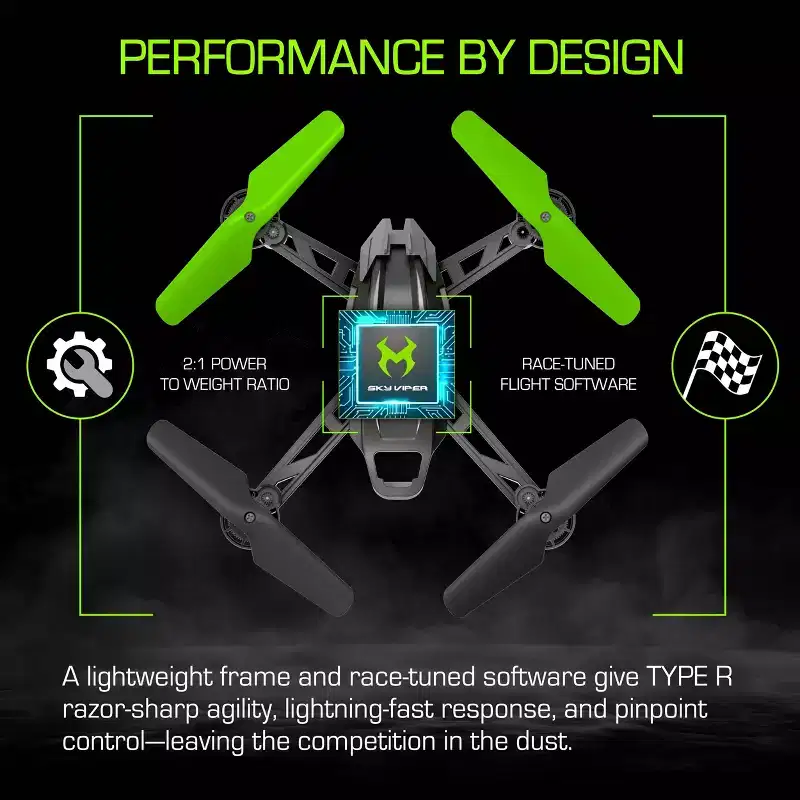 Sky Viper Type-R Performance Racing Drone: Remote Control, Beginner Skill Level, USB-C Connection, Outdoor Use