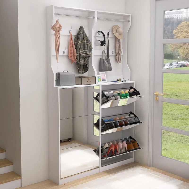 White Flip-Down Shoe Cabinet with Mirror Hooks Hanger Rod Tabletop Entryway Storage