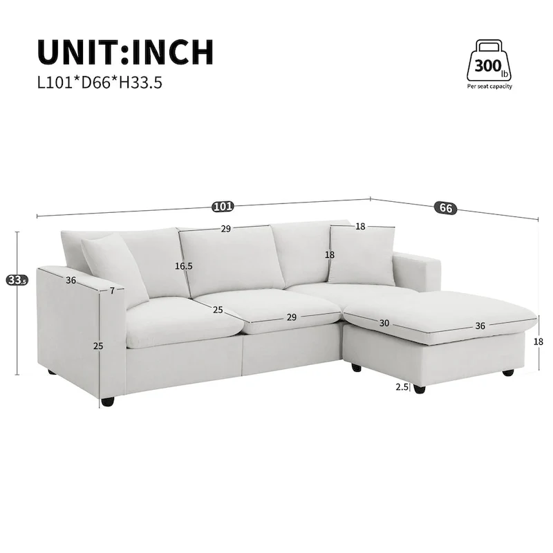 White L-Shaped Sectional Sofa with Ottoman, Seats 5
