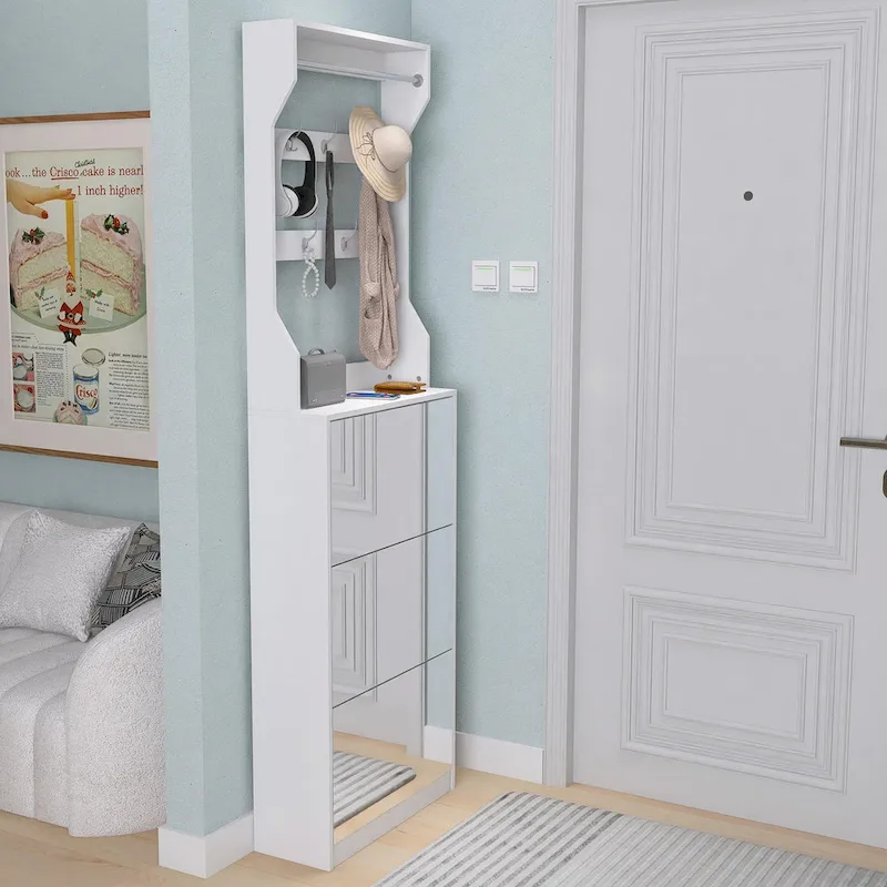 White Flip-Down Shoe Cabinet with Mirror Hooks Hanger Rod Tabletop Entryway Storage