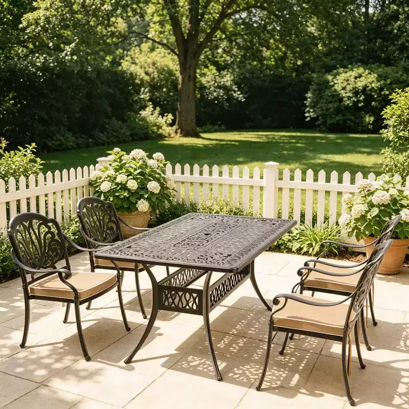 5-Piece Rectangular Cast Aluminum Patio Dining Set for Outdoor Backyard Garden Deck Poolside with Cushions