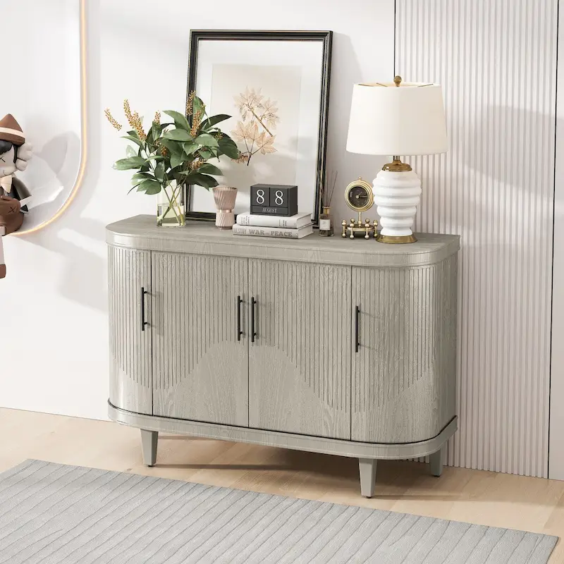 Modern Curved Sideboard Storage Cabinet with 4 Doors and Adjustable Shelves