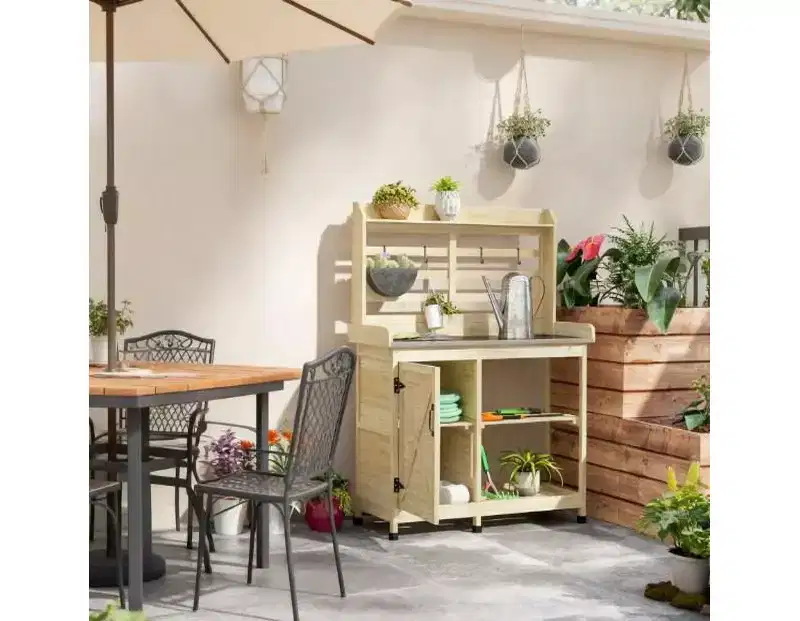 Whisen Patio Wooden Potting Bench, Outdoor Garden Work Station Table with Storage Cabinet, Open Shelf and Removable Sink