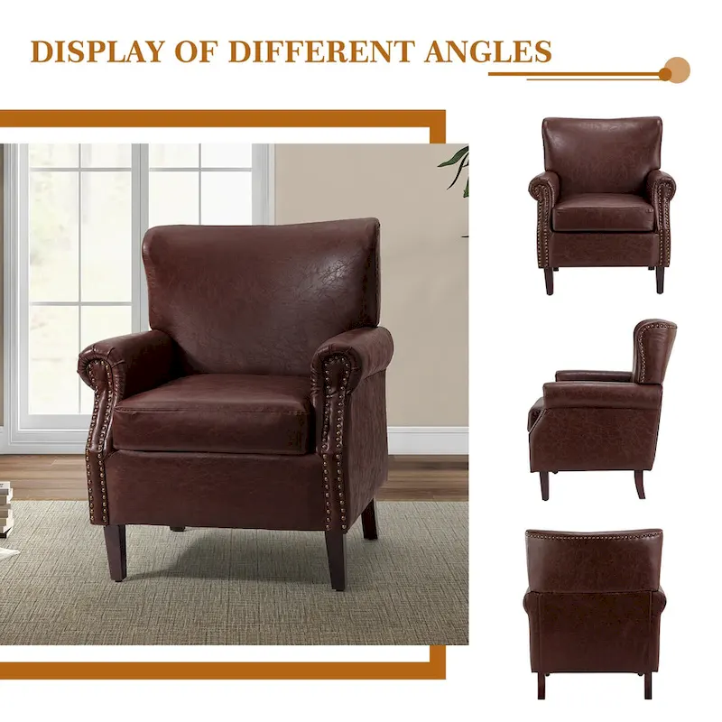 Transitional Leather Armchair with Nailhead Trim Rolled Arms