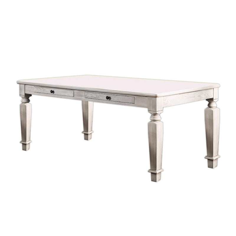 Distressed White Solid Wood Dining Table with 2 Drawers and Tapered Legs for 4–6 Person