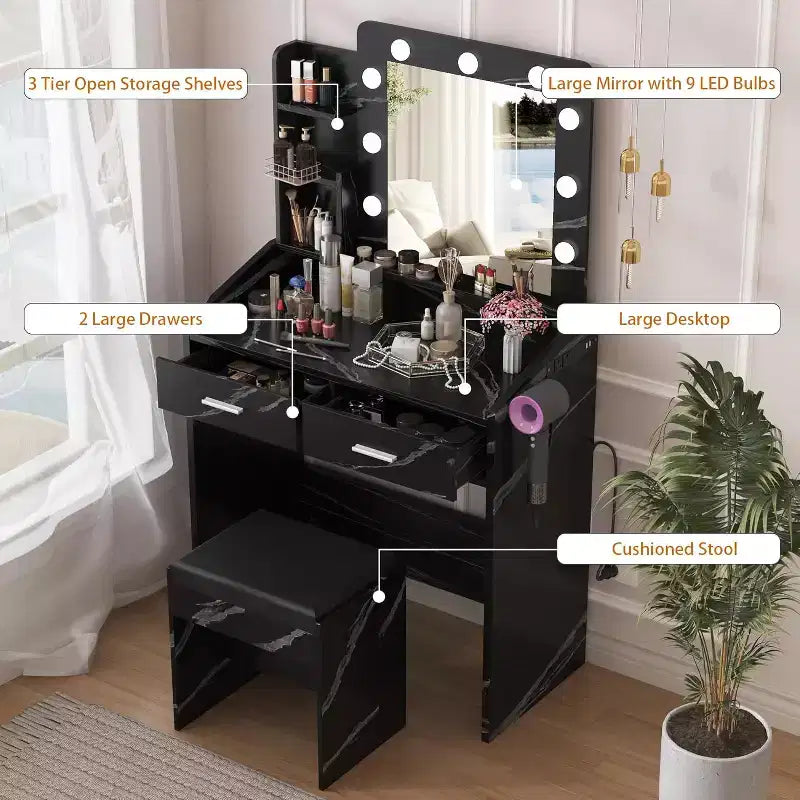 Vanity Desk with Mirror, Makeup Vanity with Cushioned Stool, 3 Lighting Modes Adjustable Brightness