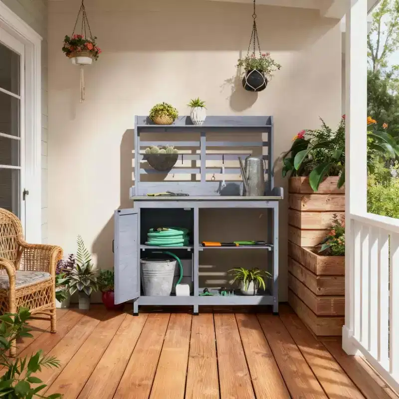 Whisen Patio Wooden Potting Bench, Outdoor Garden Work Station Table with Storage Cabinet, Open Shelf and Removable Sink