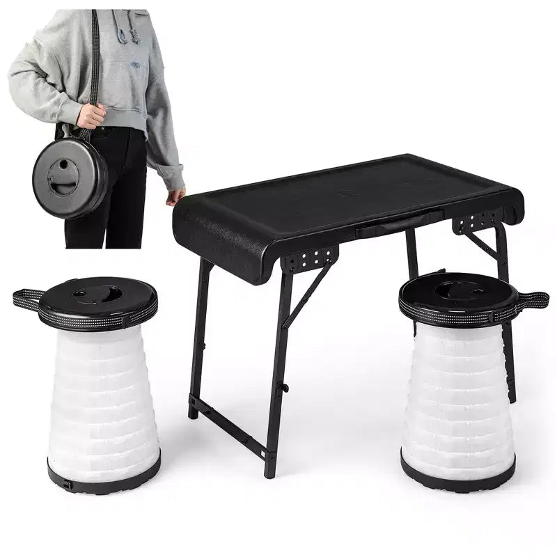 Costway 3-Piece Folding Table Stool Set with a Camping Table & 2 Retractable LED Stools
