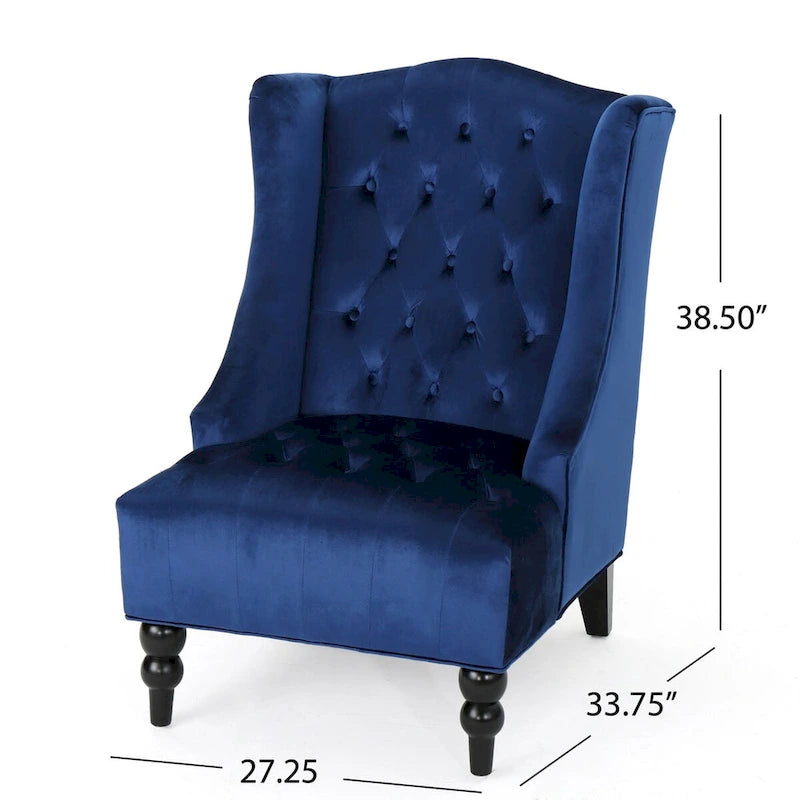 Upholstered Wingback Chair – Blue / Navy / Silver / Green, Button-Tufted Diamond Stitch, Birch Legs, Seats 1