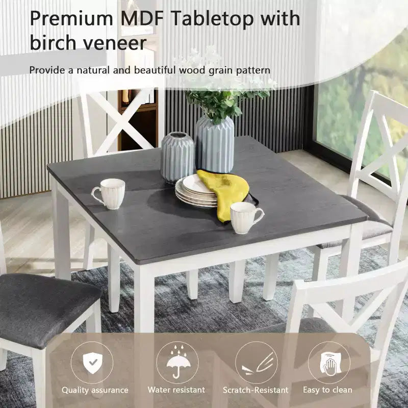 MAYEERTY 5-Piece Modern Dining Set, Wood Table with 4 Chairs, Grey & White Two Tone