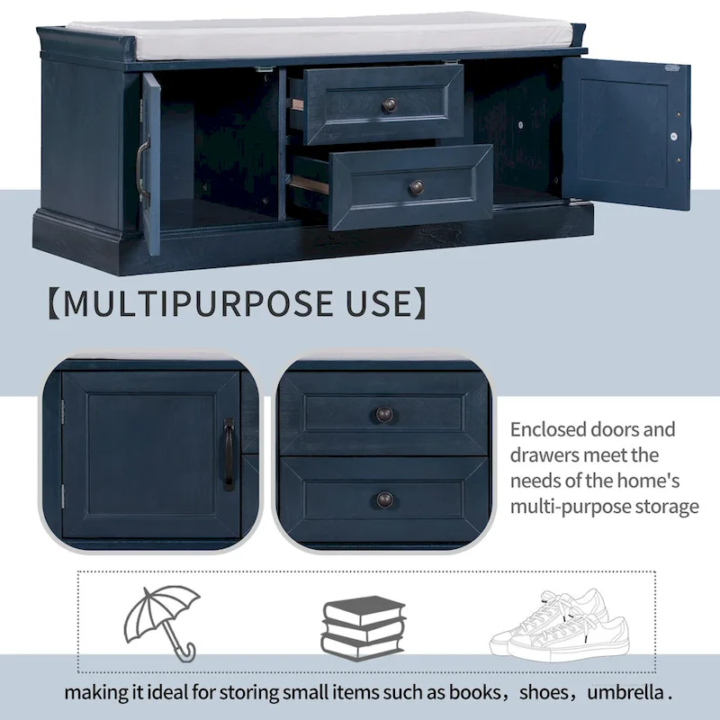 Storage Shoes Bench with 2 Drawers, 2 Cabinets and Removable Cushion