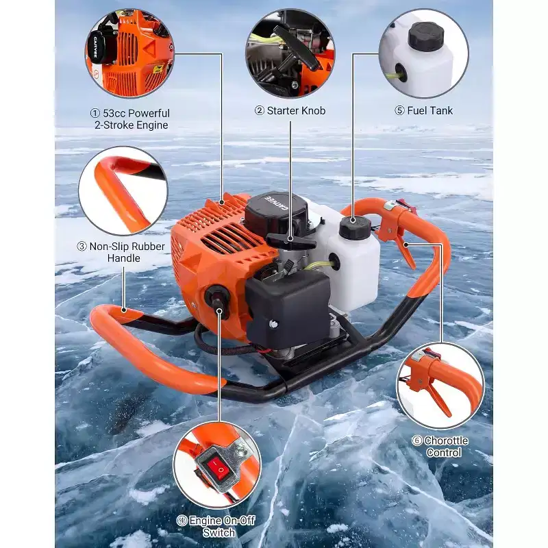 52CC 2-Stroke Gas Ice Auger for Fast Drilling. Features a 10 Diameter, 31.5 Length Auger, Heavy-Duty Construction, and EPA Certification.