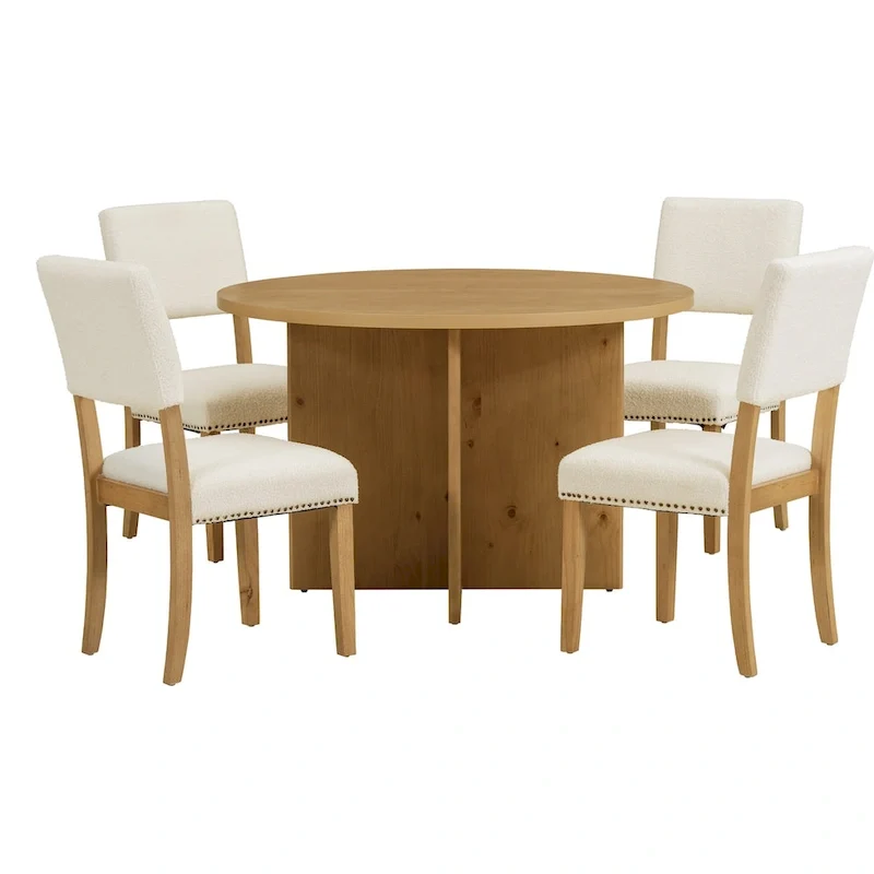 Modern 5-Piece Round Dining Table Set Pedestal Kitchen Table Set with 4 Upholstered Dining Chairs