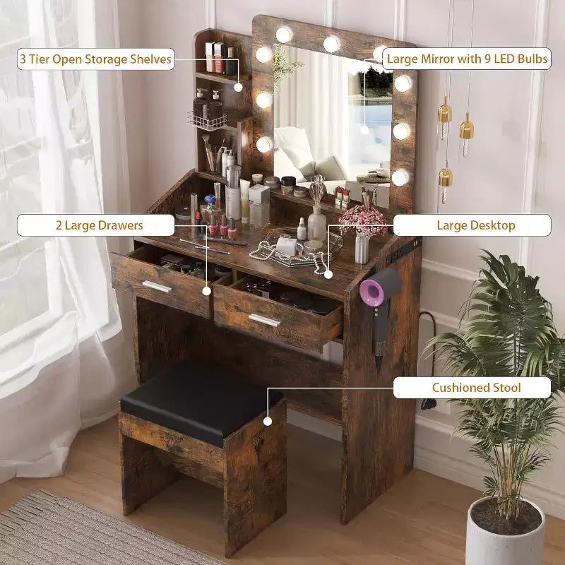 Vanity Desk with Mirror, Makeup Vanity with Cushioned Stool, 3 Lighting Modes Adjustable Brightness
