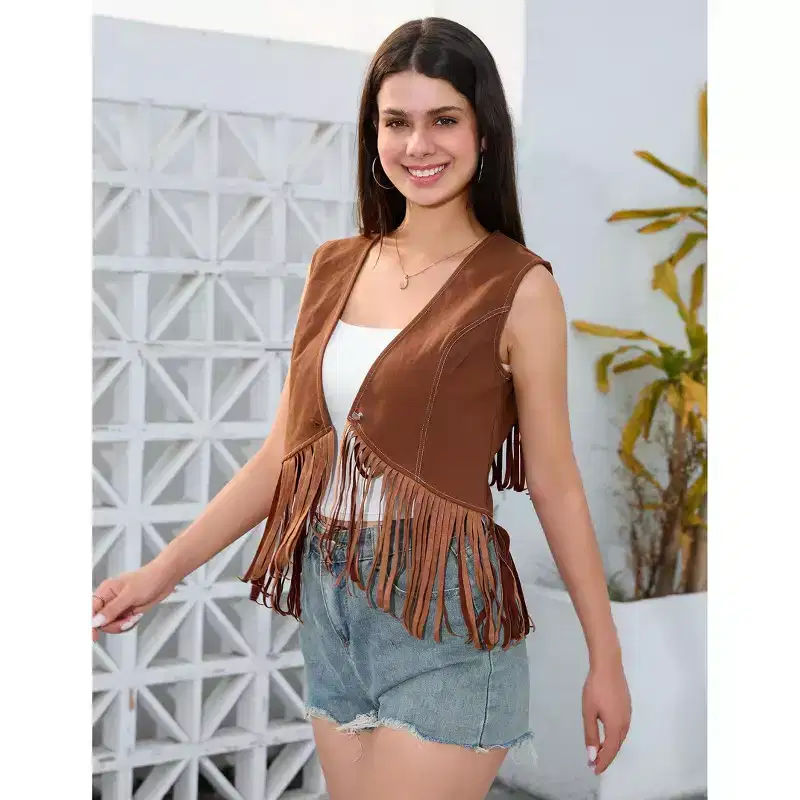 Coolmee Women's Casual Vests Denim Style Vacation Simple Vests Single Button Front Contrast Color Stitching Short Tassel Summer Vests M Rice White