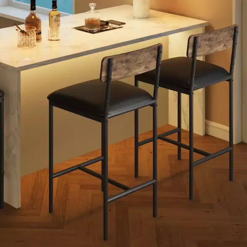 Bar Stools Set of 2, Kitchen Bar Stools with Footrest, 25.5 Inches Upholstered Bar Chairs with Back, 2 Counter Height Barstools for Counter Bar