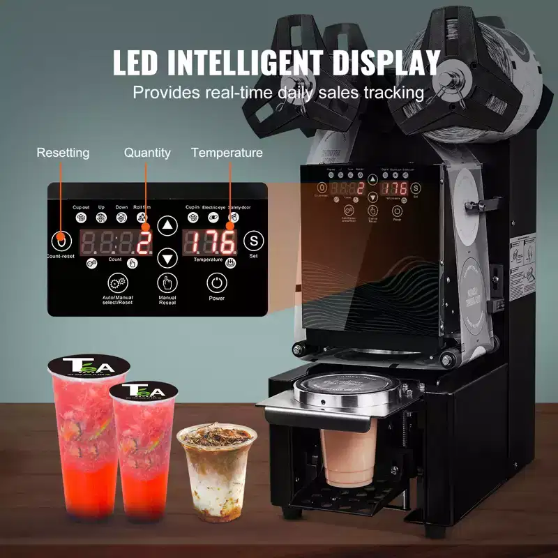 VEVOR Fully Automatic Cup Sealing Machine, 500-650 Cups/H, Cup Sealer Machine for 190 mm Tall & 90/95 mm Cup, with Digital Control LCD Panel, Black