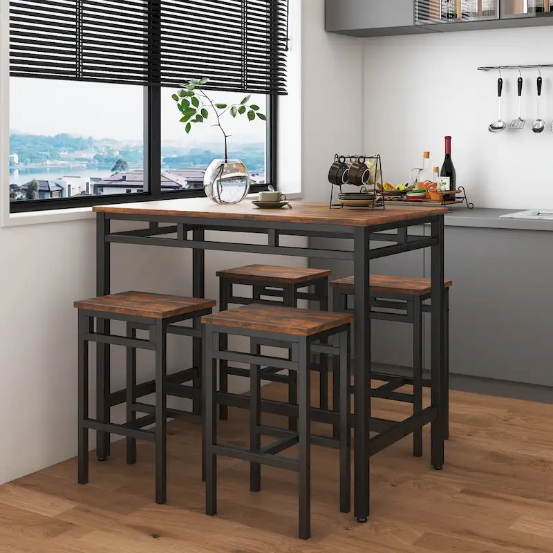 Counter Height Dining Table Set with 4 Bar Stools Metal Frame Vintage Wooden Tabletop Rectangular Dining Table, 5-Piece