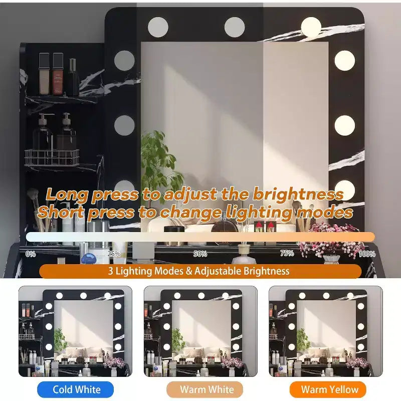 Vanity Desk with Mirror, Makeup Vanity with Cushioned Stool, 3 Lighting Modes Adjustable Brightness