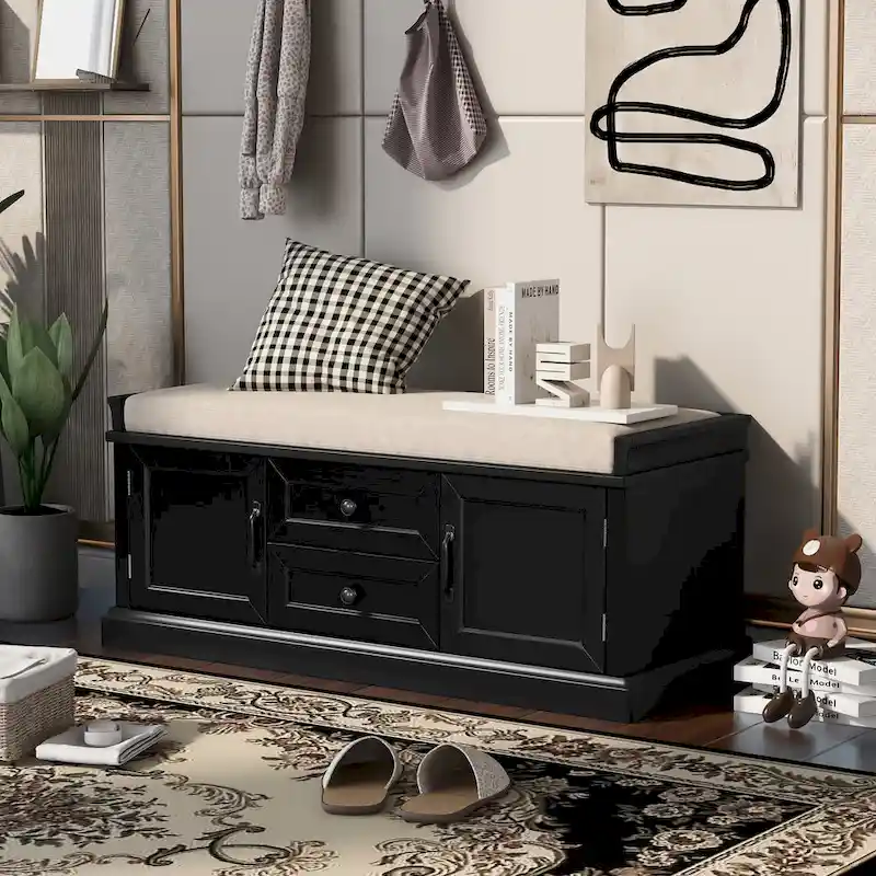 Storage Shoes Bench with 2 Drawers, 2 Cabinets and Removable Cushion