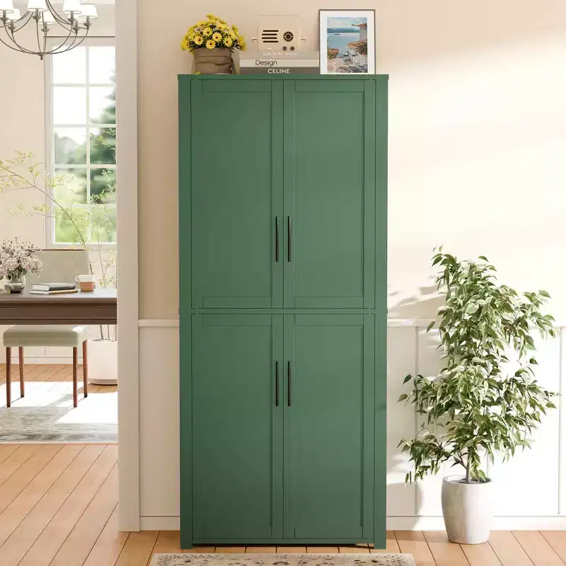 Kitchen Pantry Cabinet, Freestanding Food Storage Cabinet with 4 Doors & Adjustable Shelves, Floor Utility Storage Organizer