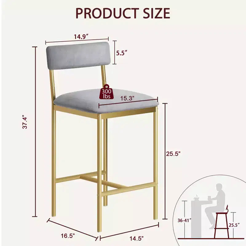 Bar Stools Set of 2, Kitchen Bar Stools with Footrest, 25.5 Inches Upholstered Bar Chairs with Back, 2 Counter Height Barstools for Counter Bar