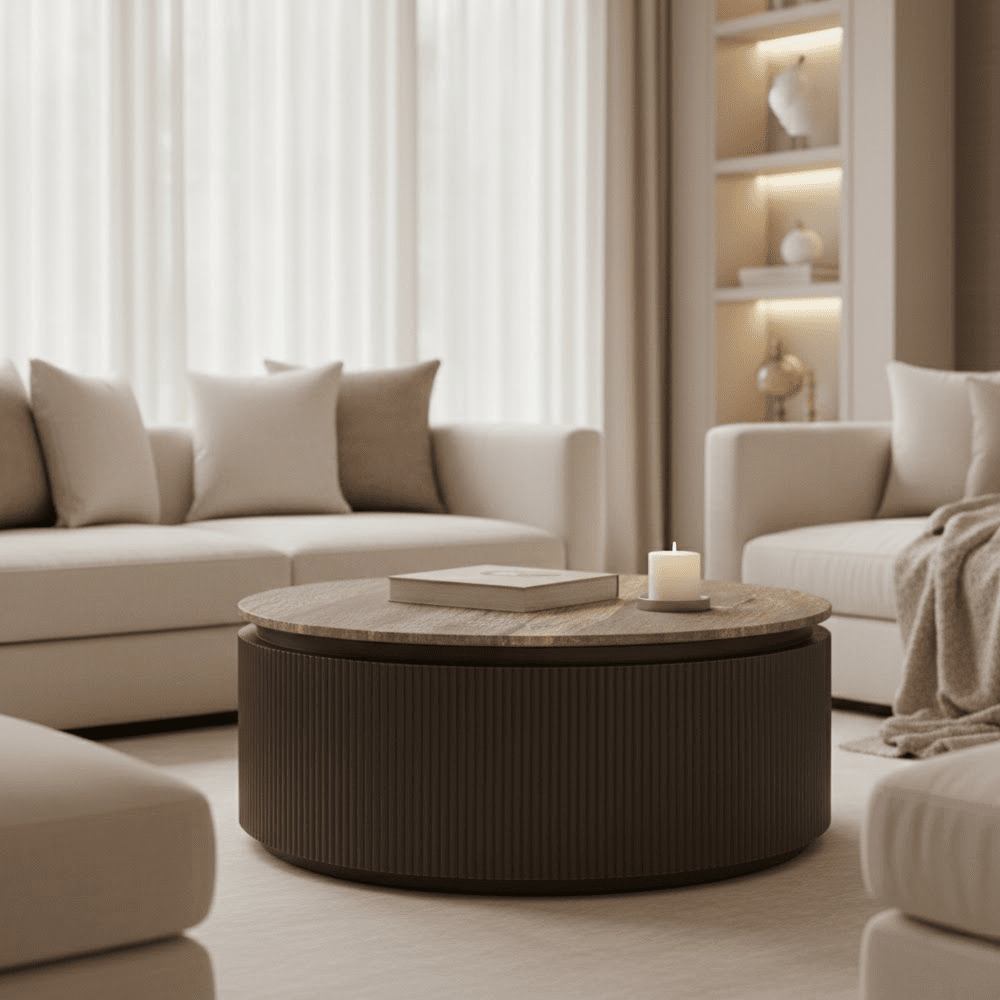 Brown Ribbed Round Coffee Table with Travertine Top