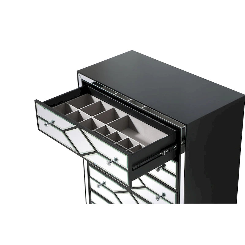5-Drawer Chest – Antique White / Silver, Beveled Mirror Panels, Crystal Knobs, Hand-Painted Finish