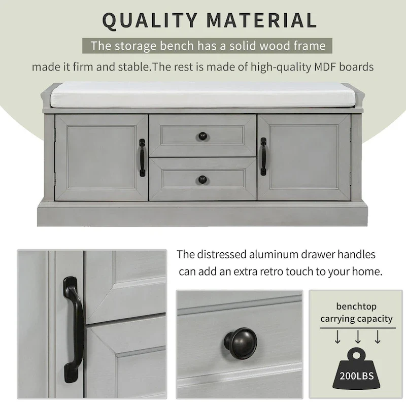 Storage Shoes Bench with 2 Drawers, 2 Cabinets and Removable Cushion