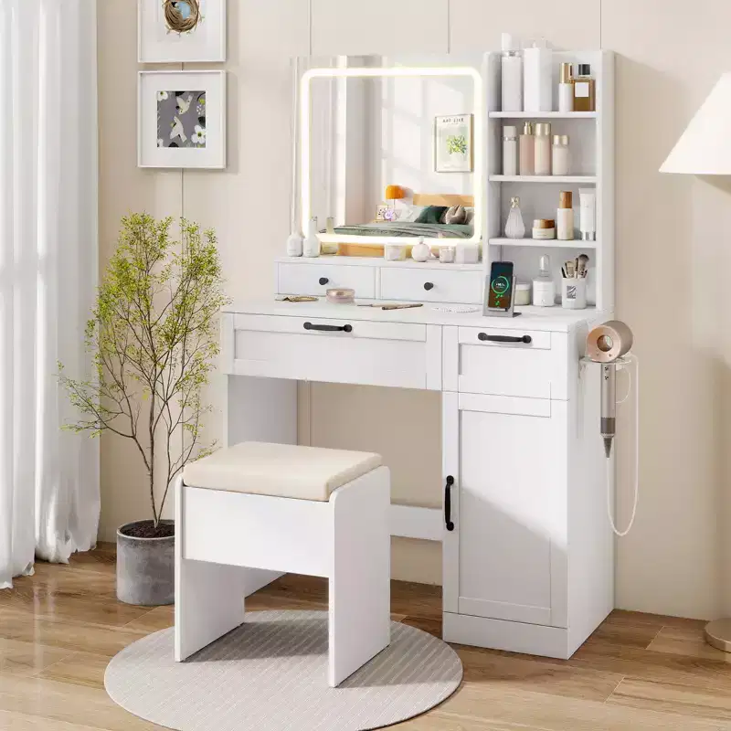 Costway Vanity Set w/Cushioned Stool Makeup Table w/Adjustable Lighting Mode Brightness