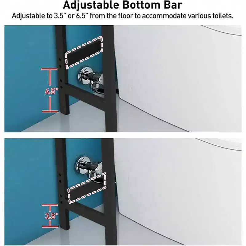 Over Toilet Storage Cabinet 3 Tier Shelf Stable Freestanding Black Bathroom Organizer with 3 Hooks 67 Inch H