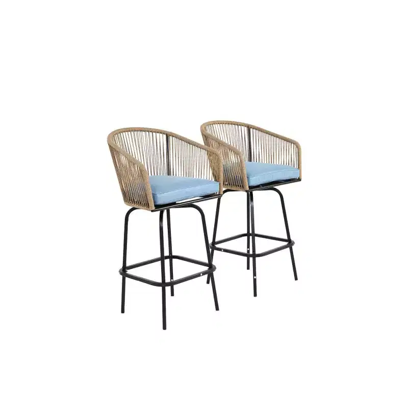 Whisen 2-Piece Patio Bar Stools with Armrests & Backrest, Wicker Bar Stools for Backyard, Garden