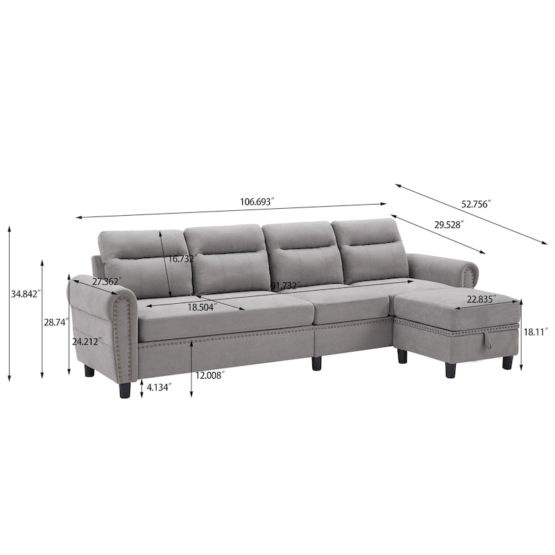 106.69 4 Seater L Shaped Reversible Sectional Sofa with Side Storage Bags