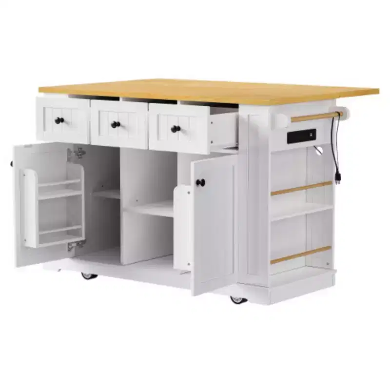 53 White Large Kitchen Island with Drop Leaf & 5 Wheels