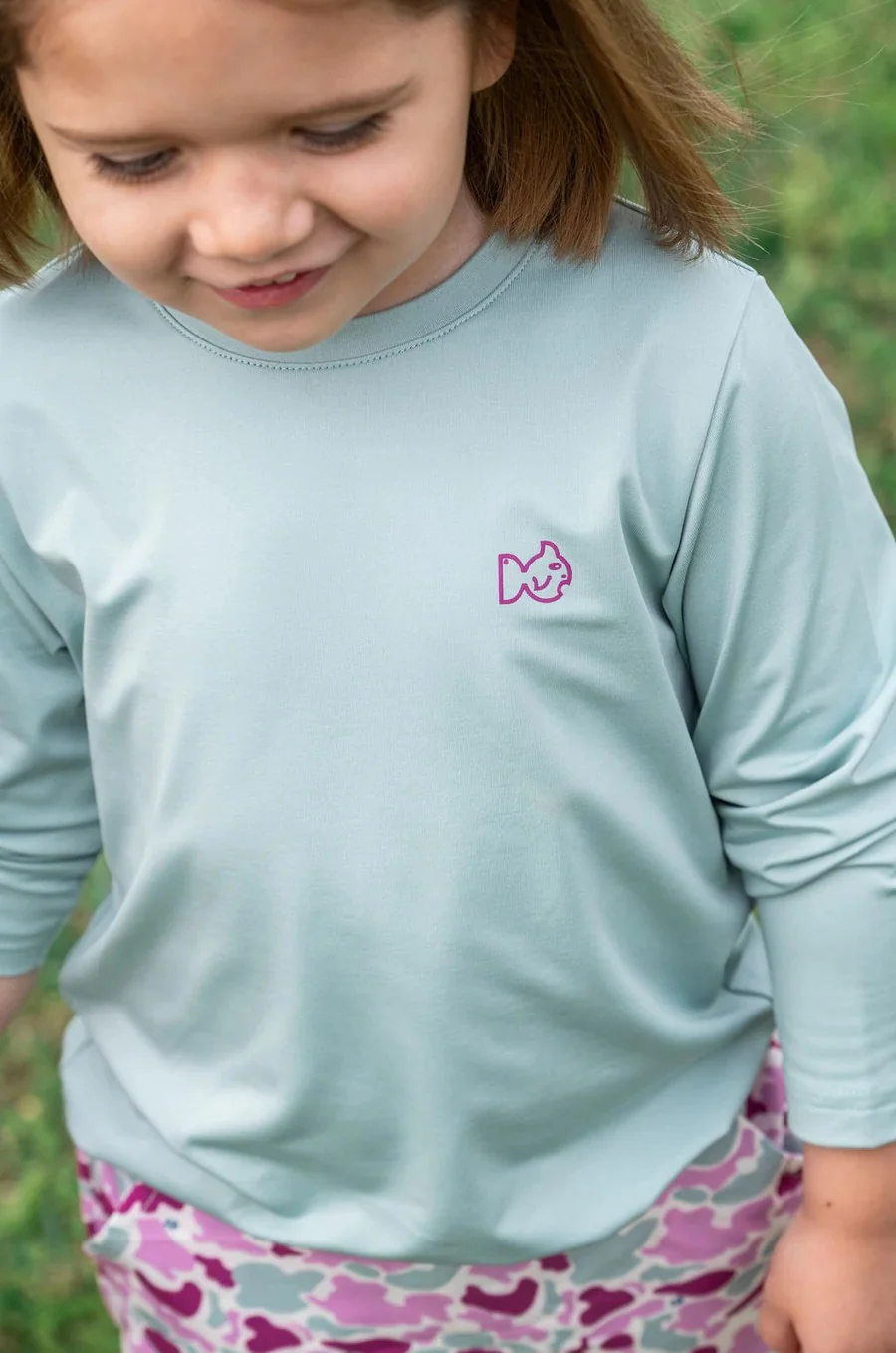Girls' Pro Performance Long Sleeve T-shirt in Blue Surf with Pink Camo