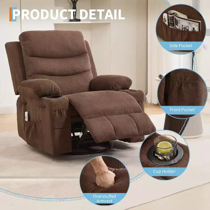Oversized 360 Swivel Rocker Recliner with Massage & Heat - Ergonomic Lounge Chair with Cup Holders, Side Pockets for Living Room, Nursery