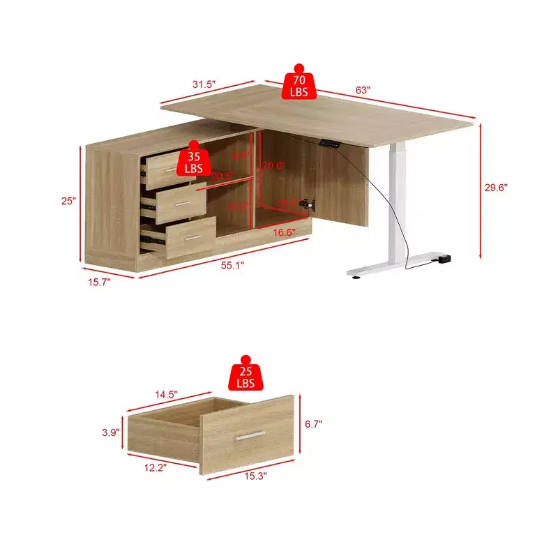 Oak-Effect Height-Adjustable L-Shaped Office Desk Sewing Desk 3 Drawers + Open Storage