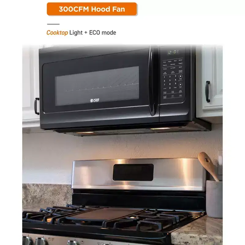 Commercial Chef 1.7 Cu. Ft. Over-The-Range Microwave Oven, 10 Power Levels, 300 CFM Hidden Vent Hood Fan, Touch Controls, 10 Preset Options, Black