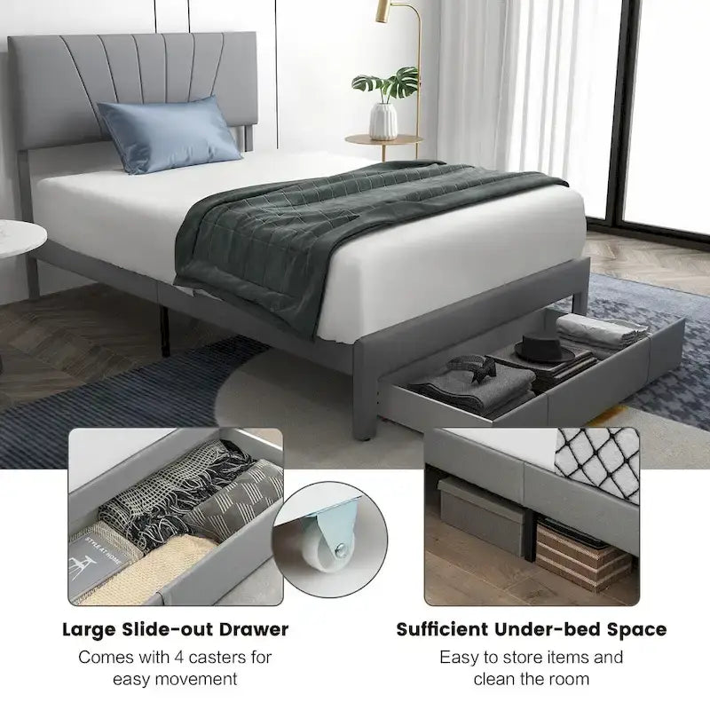 Linen Platform Bed Frame – Grey, Adjustable Headboard, 1 Pull-Out Drawer, Full / Queen, Sleeps 1