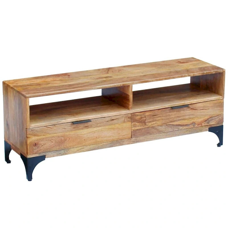 Handmade Mango Wood TV Stand – Brown, Rustic Style, 2 Drawers & 2 Compartments