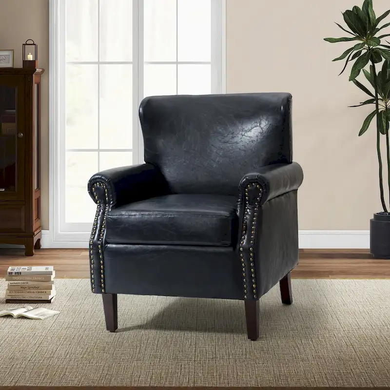 Transitional Leather Armchair with Nailhead Trim Rolled Arms