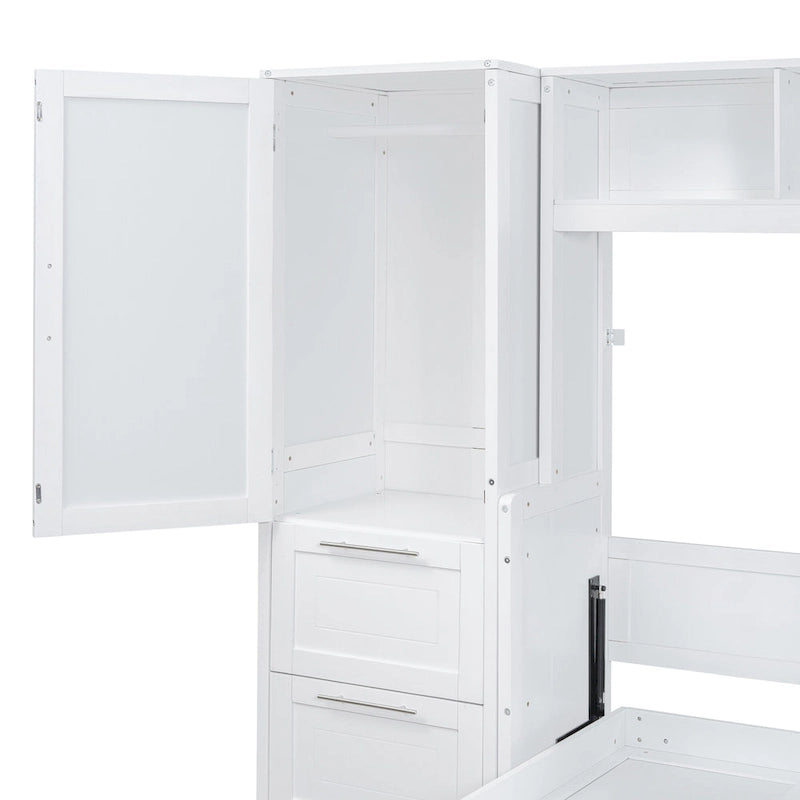Full Size Murphy Bed – White, Wall-Fold, Built-in Shelf, Side Wardrobe & 2 Drawers, Sleeps 1