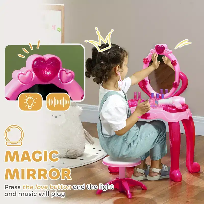 Kids Vanity Table Set with Light-Up Mirror Stool and 15 Accessories Pink