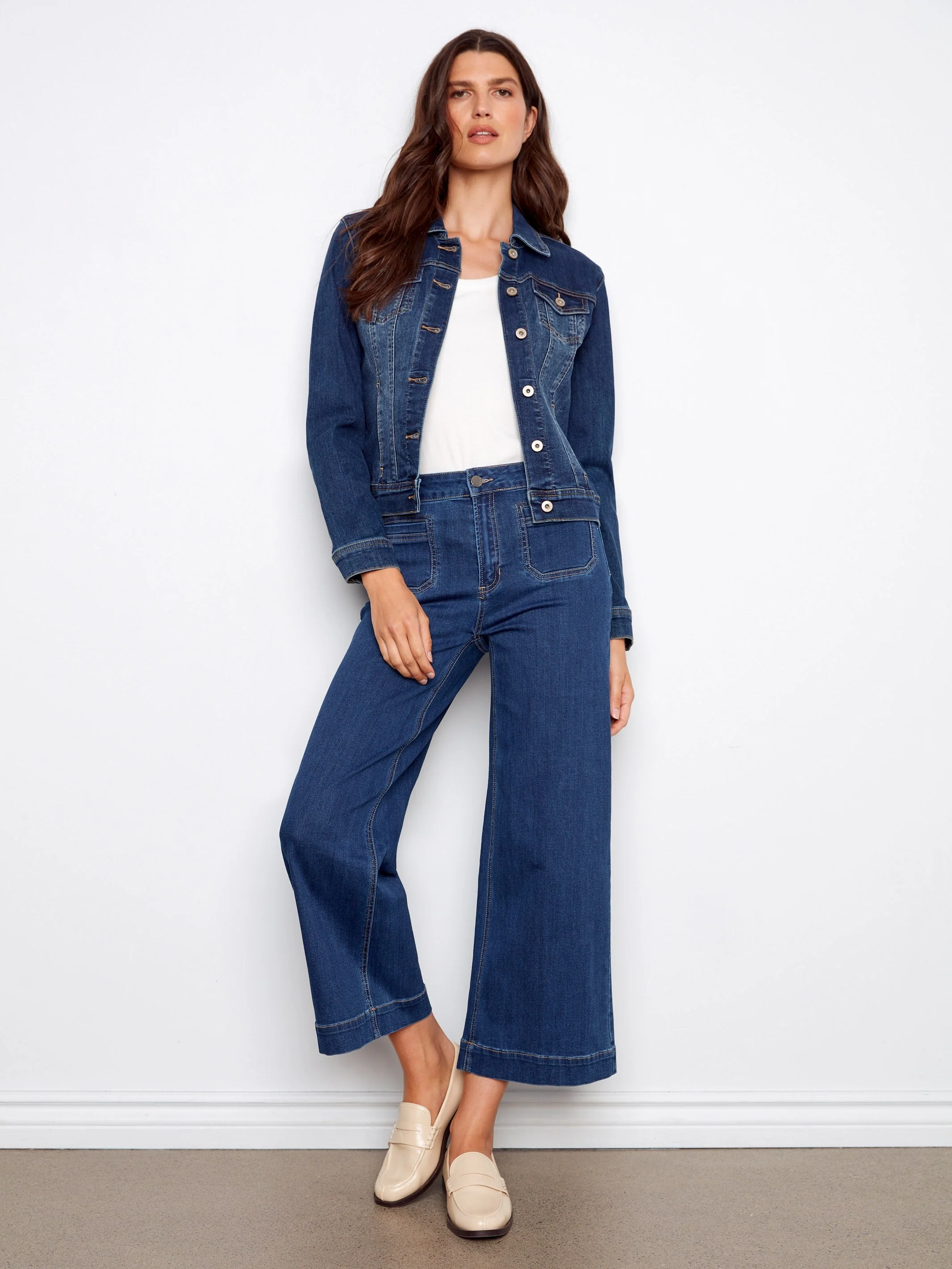 Cropped Patch Pocket Flare Jeans - Indigo