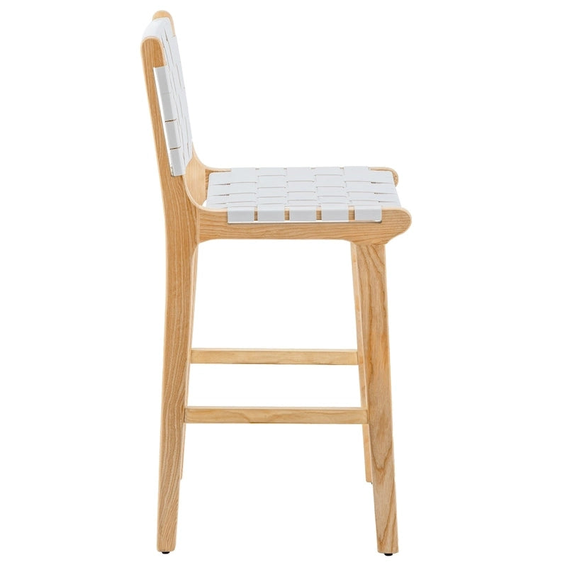 Woven Leather Counter Height Bar Stool, Ash Wood Frame, No Assembly