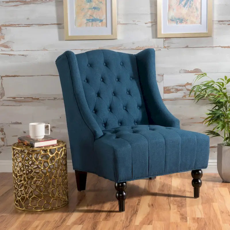 Upholstered Wingback Chair – Blue / Navy / Silver / Green, Button-Tufted Diamond Stitch, Birch Legs, Seats 1